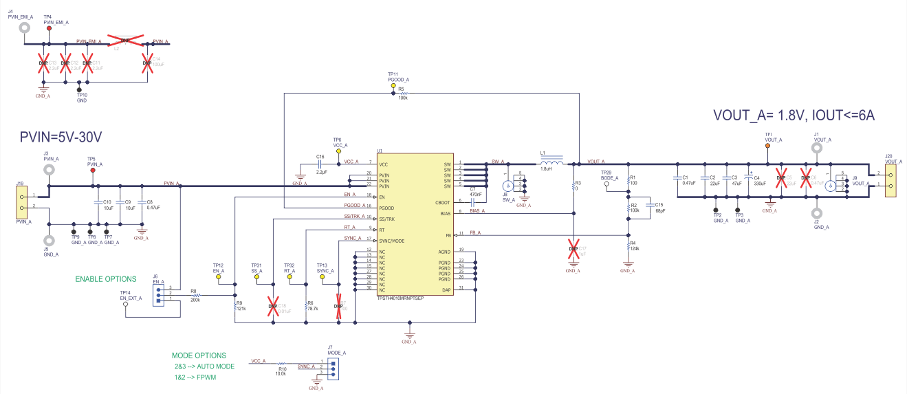 TPS7H4010-SEP TPS7H4010EVM Schematic for VOUT = 1.8 V