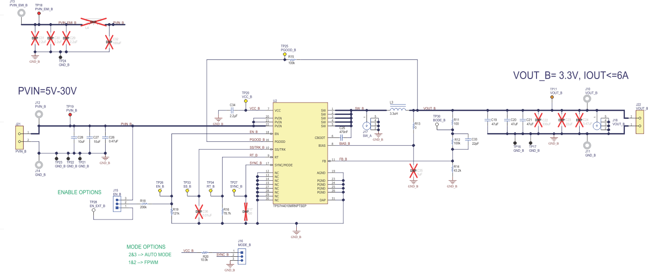 TPS7H4010-SEP TPS7H4010EVM Schematic for VOUT = 3.3 V