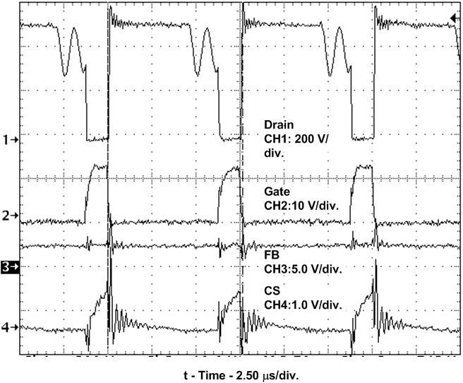 UCC28600 DCM Operation, 130-kHz
Switching,
74% Full-Rated Load UCC28600 fig17k_lus646.gif