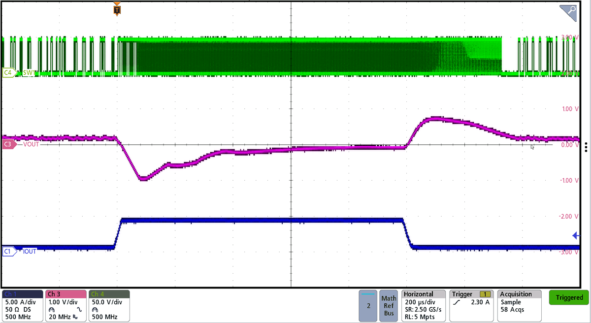 BQ25858-Q1 BQ25858B-Q1 Forward Mode 36V
Transient Reponse with 48Vin BQ25858-Q1 BQ25858B-Q1 Forward Mode 36V
Transient Reponse with 48Vin