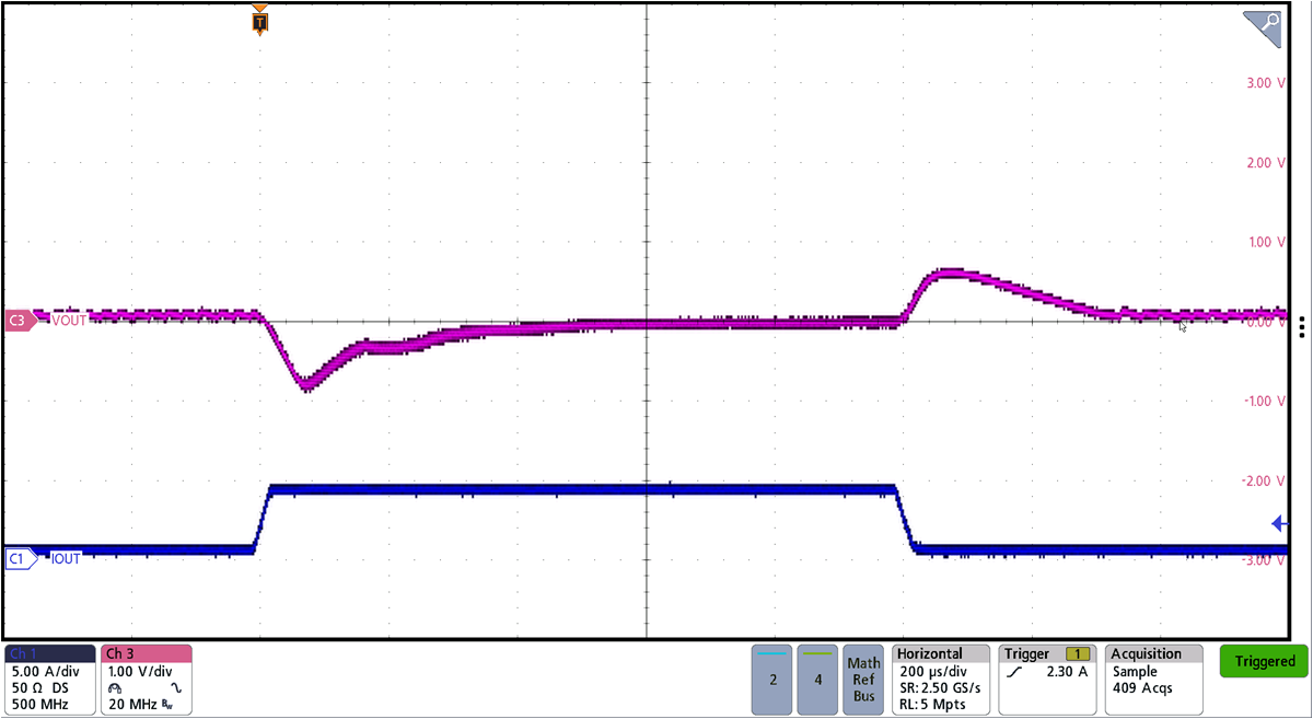BQ25858-Q1 BQ25858B-Q1 Forward Mode 28V
Transient Reponse with 20Vin BQ25858-Q1 BQ25858B-Q1 Forward Mode 28V
Transient Reponse with 20Vin