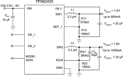 TPS62420 TPS62421 Typical Application Schematic TPS62420 TPS62421 sch_lvs676.gif