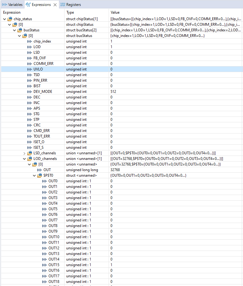  Example of chip_status With
                    LED Open (LOD) Fault