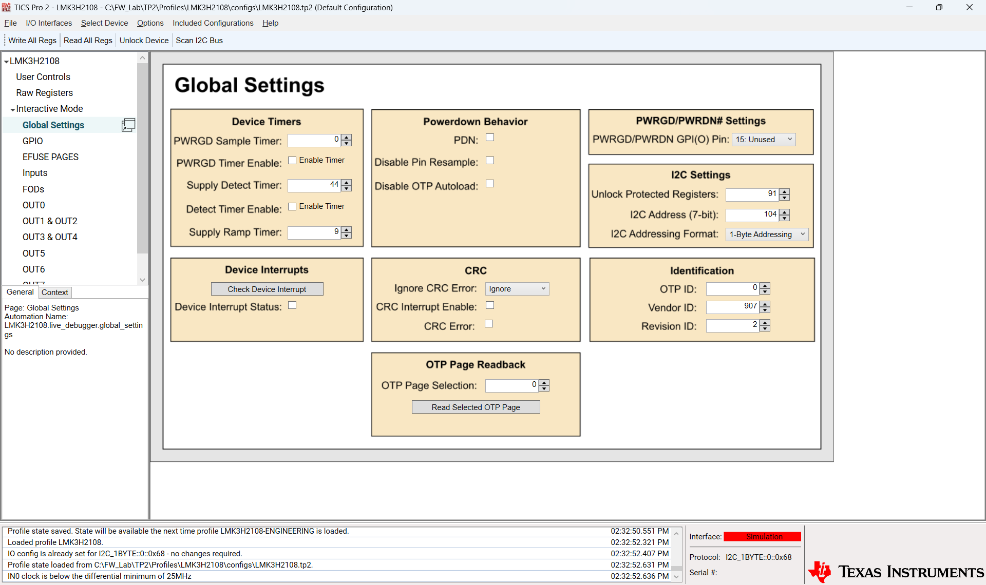 LMK3H2108EVM Global Settings Page