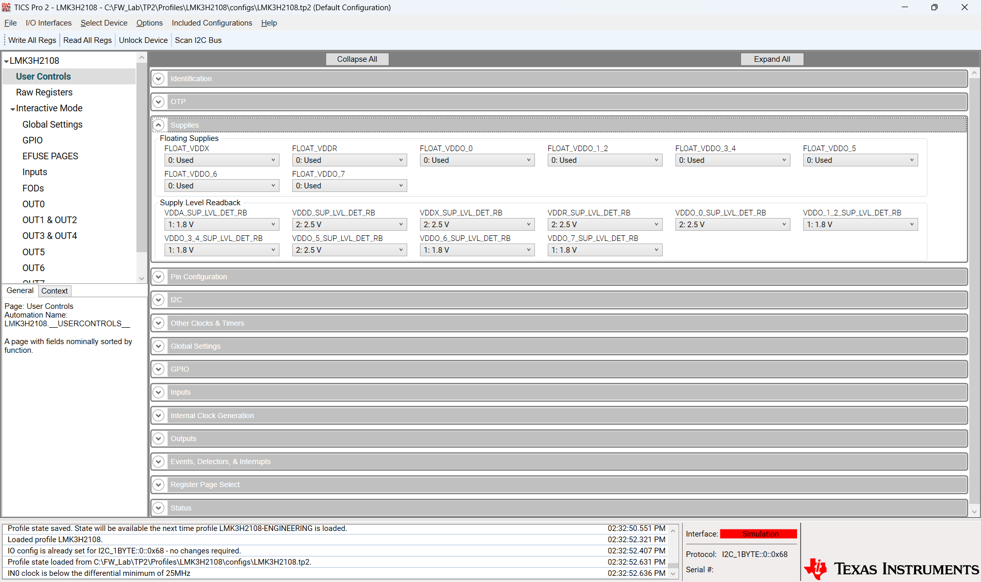 LMK3H2108EVM LMK3H2108 User Controls Page