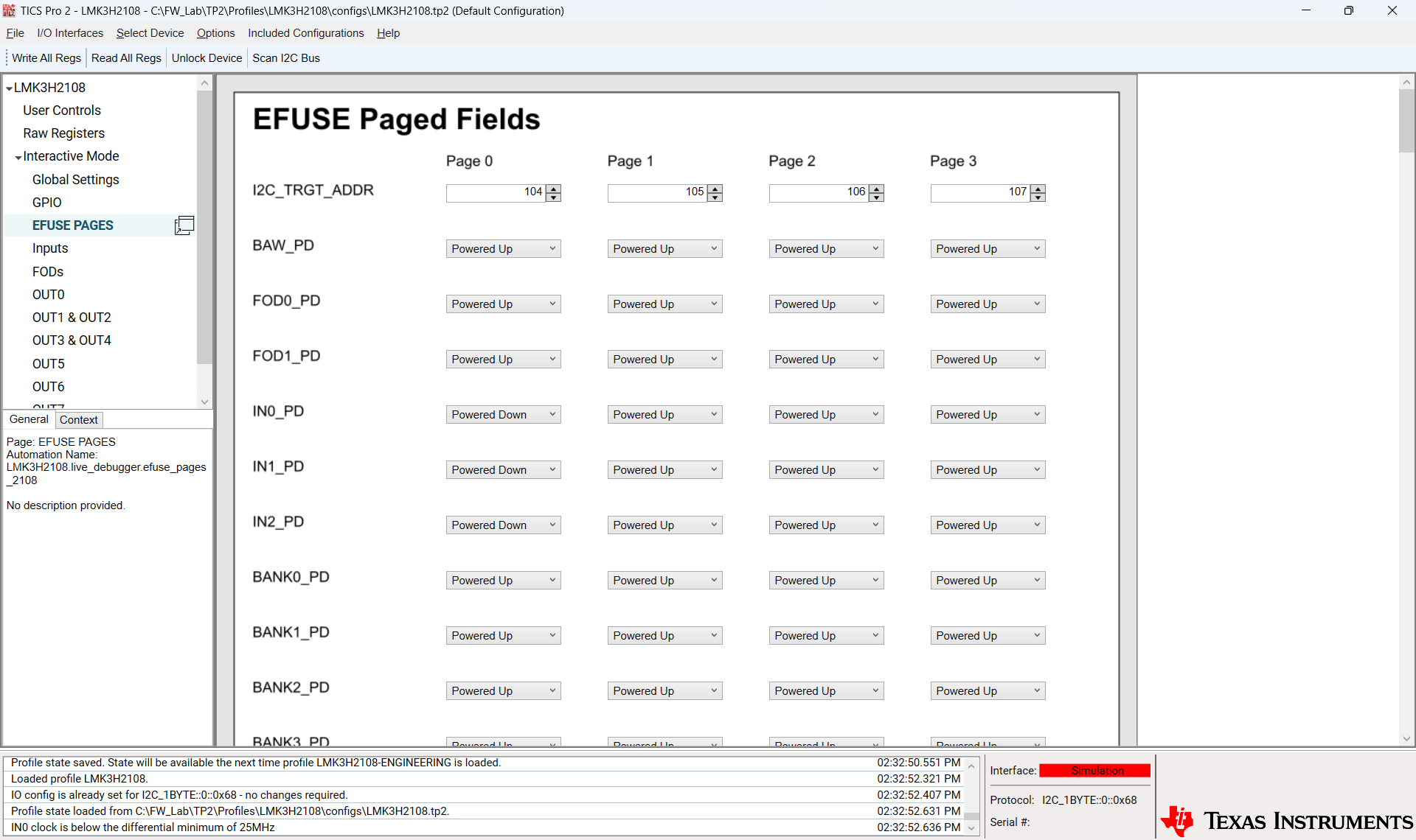 LMK3H2108EVM EFUSE Pages Page