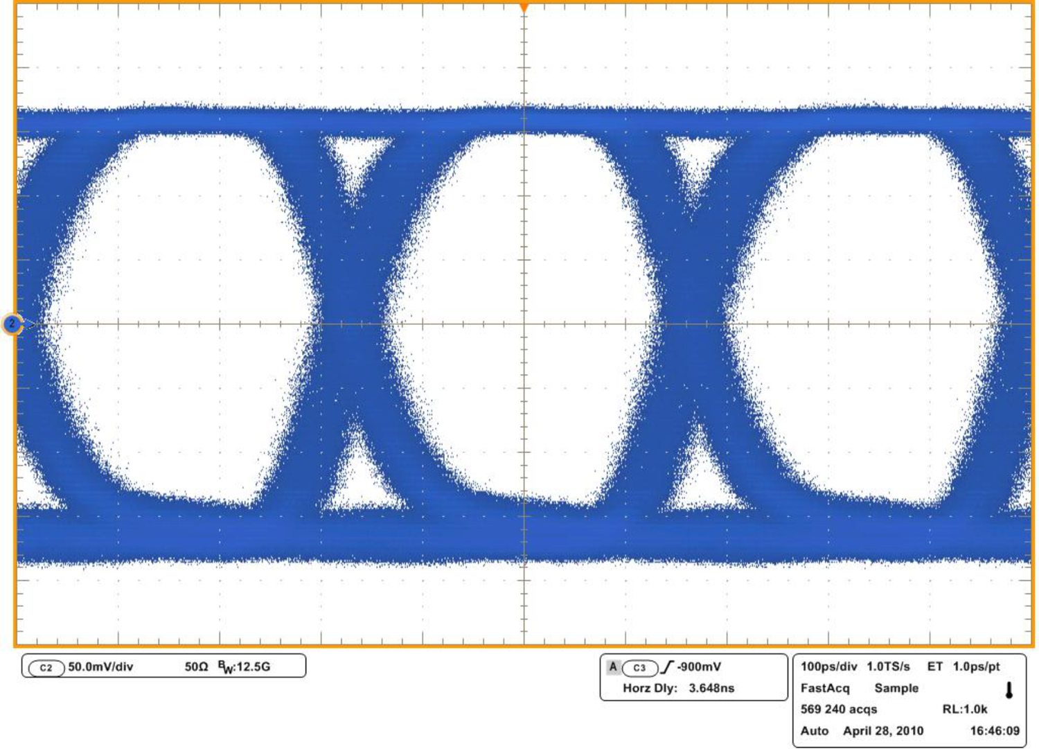 LMH0387 Differential Serial
Data Output After Equalizing 200m of B1694A at 1.485 Gbps, PRBS10 LMH0387 2_97_gbps_120m_B1694A_equal_ouput_waveform_snls315.png