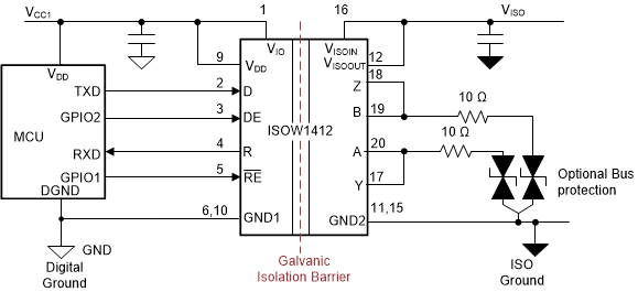 ISO1410 采用 ISOW1412 的 RS-485
                    信號(hào)和電源隔離解決方案