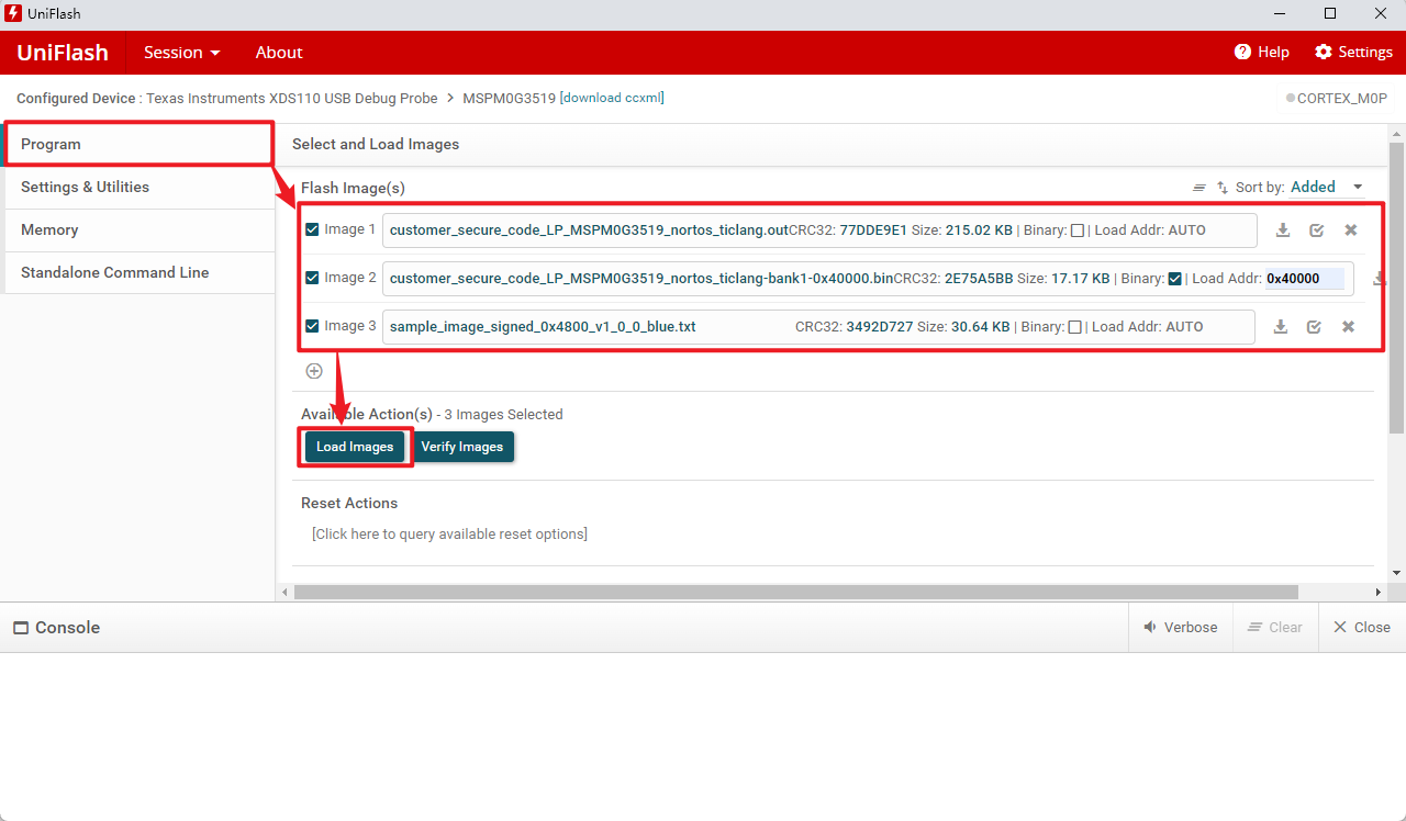  通過 Uniflash 加載 CSC 映像