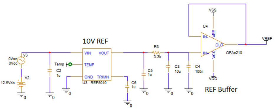 AFE58JD48 DAC8830 DAC8801 DAC81001 OPA2210 THS4130 REF5040 REF5010 針對基準(zhǔn)電路的 PSpice-TI 仿真(在前一個圖像中) GUID-A2760E74-B339-4403-A114-199941C052CF-low.png