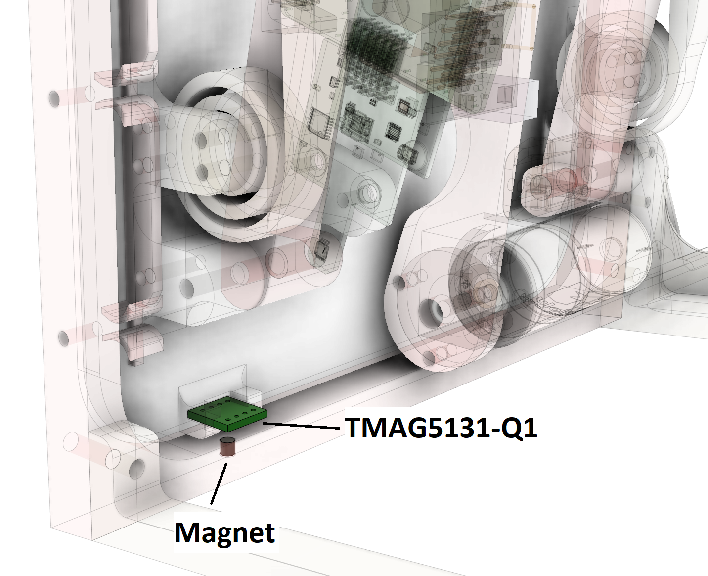  TMAG5131-Q1 和嵌入在車門框架中的磁體