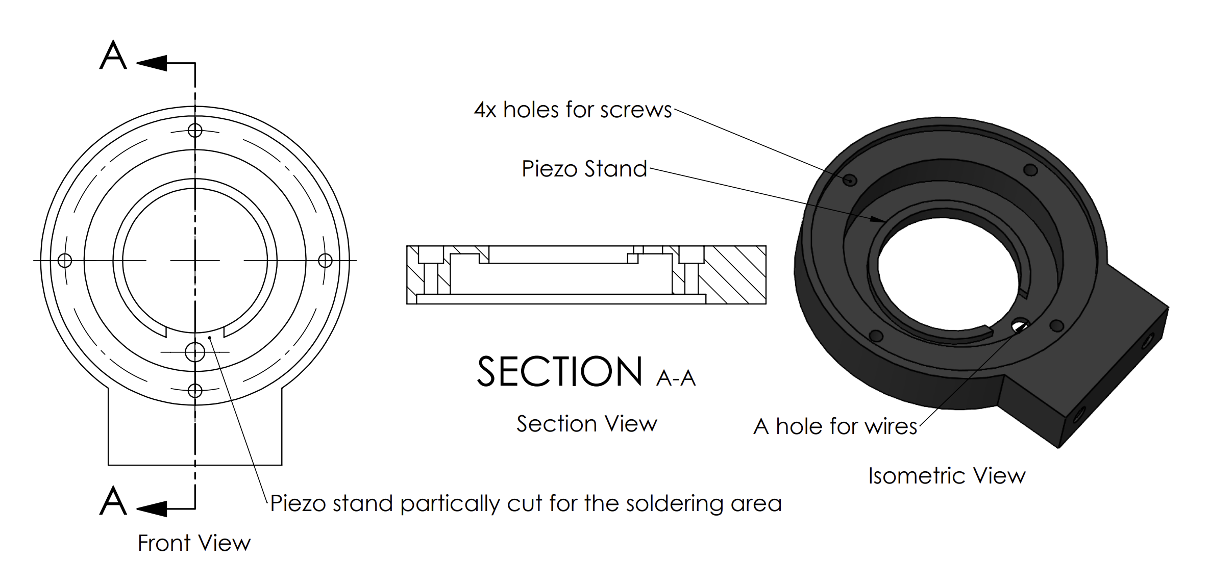  外殼底座：前視圖、剖面視圖和等比率視圖