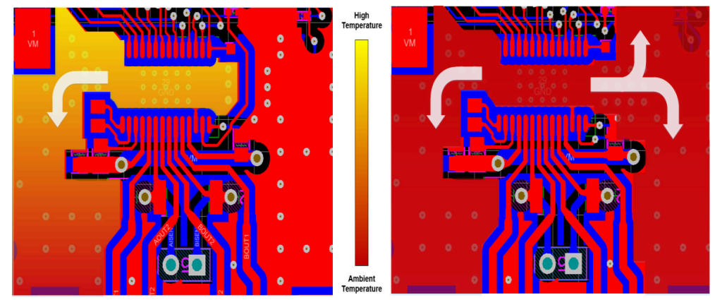 DRV88XX 中斷接地平面覆銅與連續接地平面覆銅的熱圖