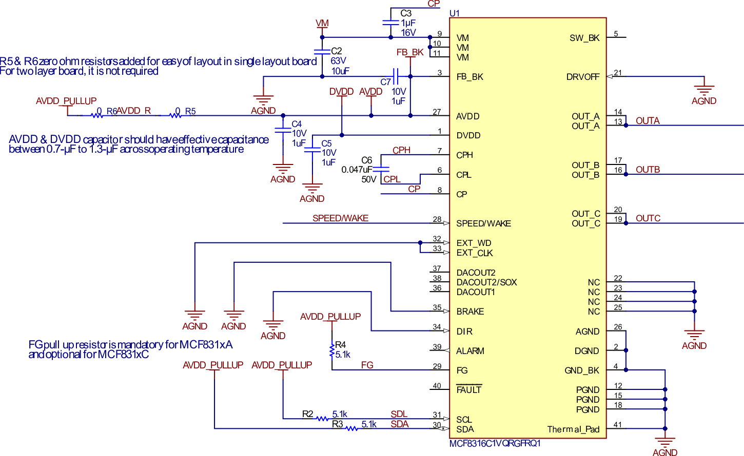  單個接地平面且 FB_BK 由 AVDD 供電的 PCB 原理圖