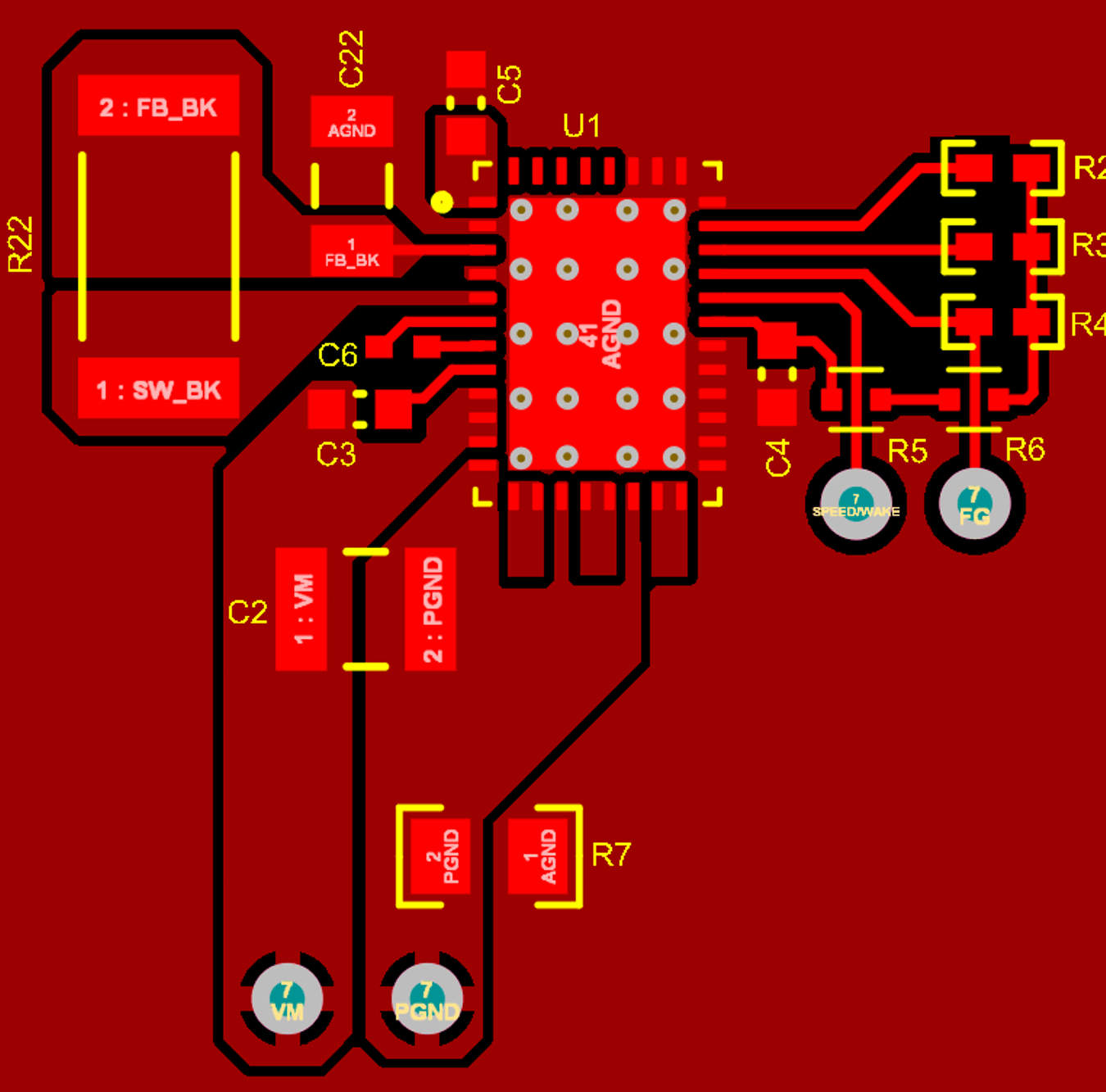  兩個(gè)接地平面（AGND 和 PGND）的 PCB 布局