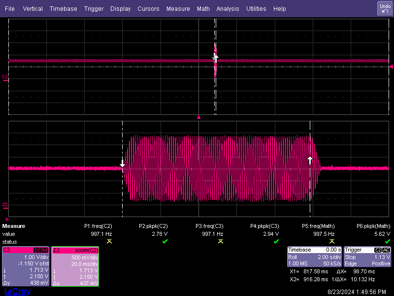 TAC5412QRGERQ1 SG2 單穩(wěn)態(tài)模式示波器捕獲：2Vrms 滿量程時的 1KHz 信號