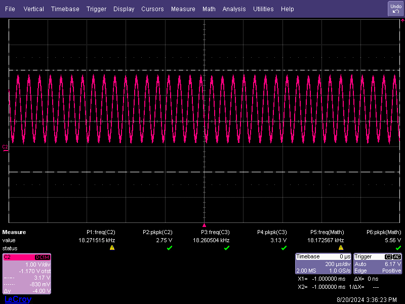 TAC5412QRGERQ1 SG2 手動模式范圍捕獲：2Vrms 滿量程時對 1KHz 信號進行 0.5Hz 掃描