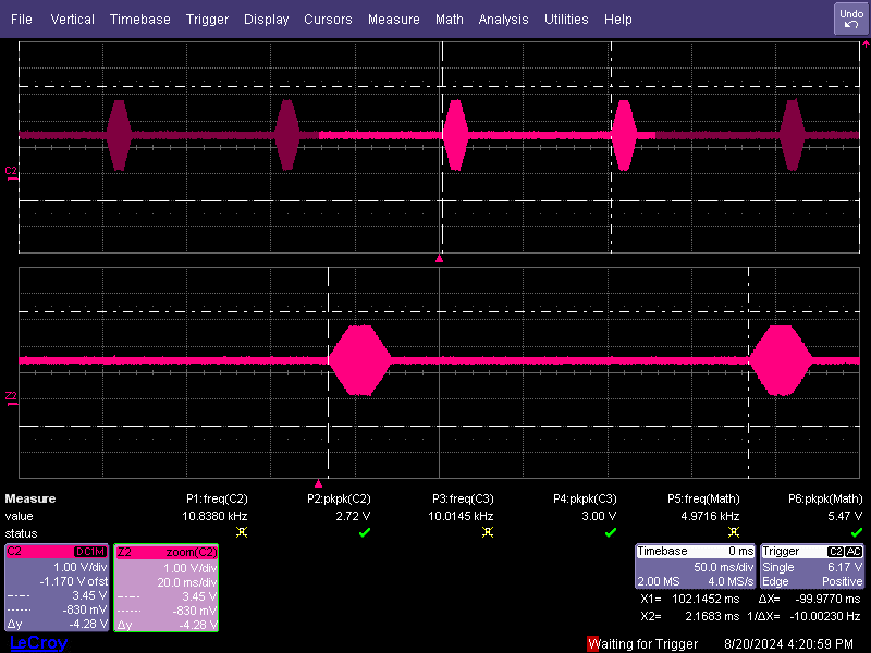 TAC5412QRGERQ1 SG2 連續脈沖模式示波器捕獲：2Vrms 滿量程時的 10KHz 信號
