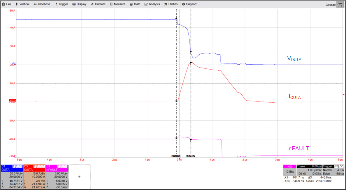  DRV8376 在發生短路事件（電壓為 48V）期間提供的過流保護功能