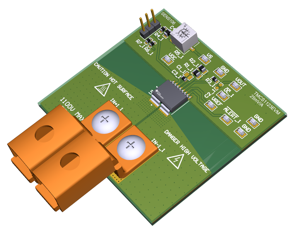  TMCS1123EVM 部分、A1 型號、標準配置、靈敏度 = 25mV/A