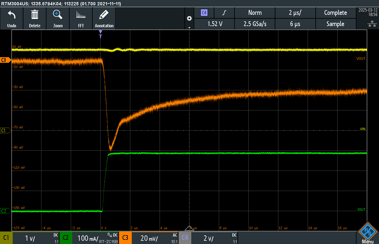  采用接地彈簧連接的 TLV773 負載瞬態