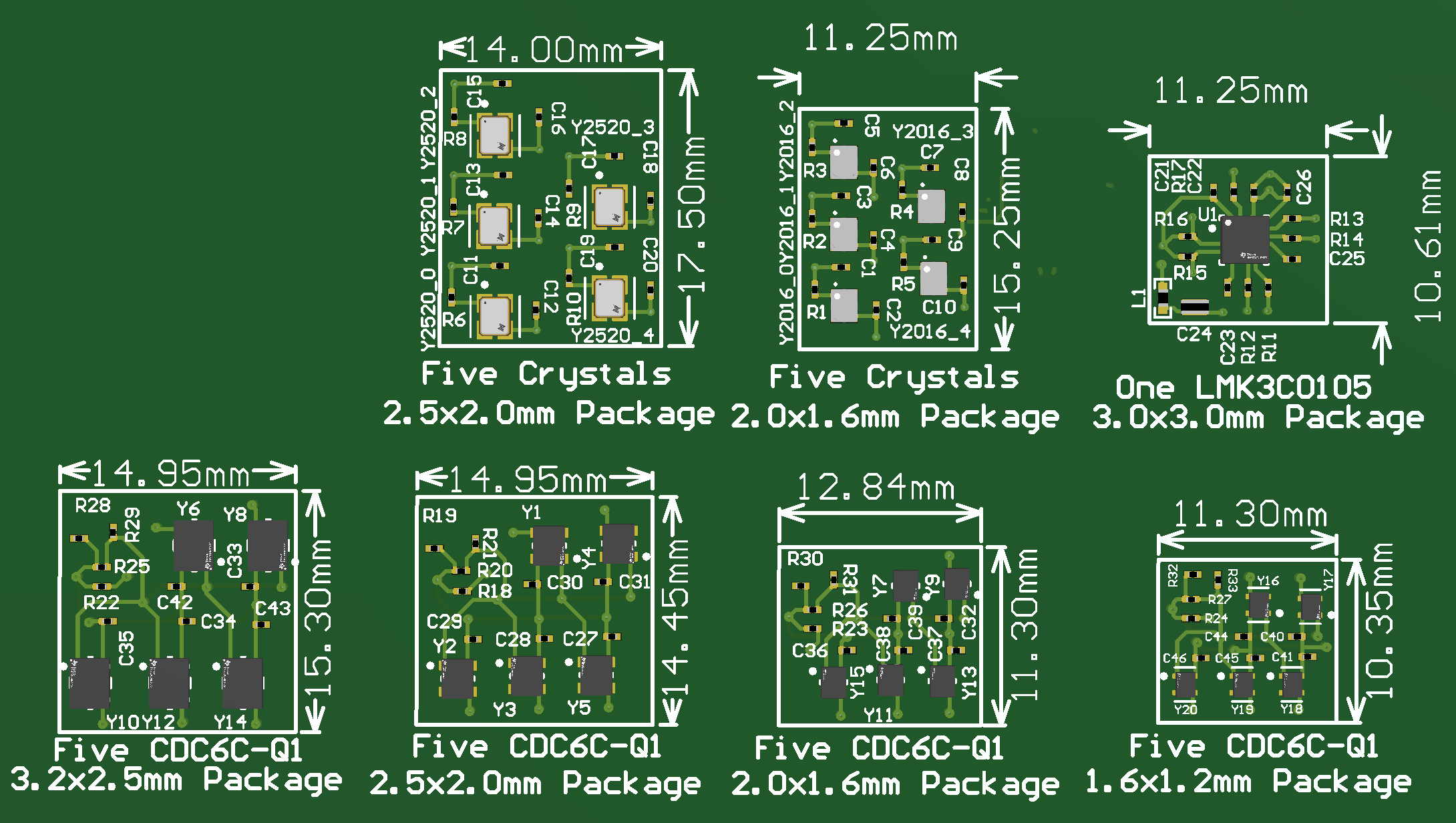  五晶振、五個(gè) CDC6C-Q1 和 LMK3C0105-Q1 封裝比較