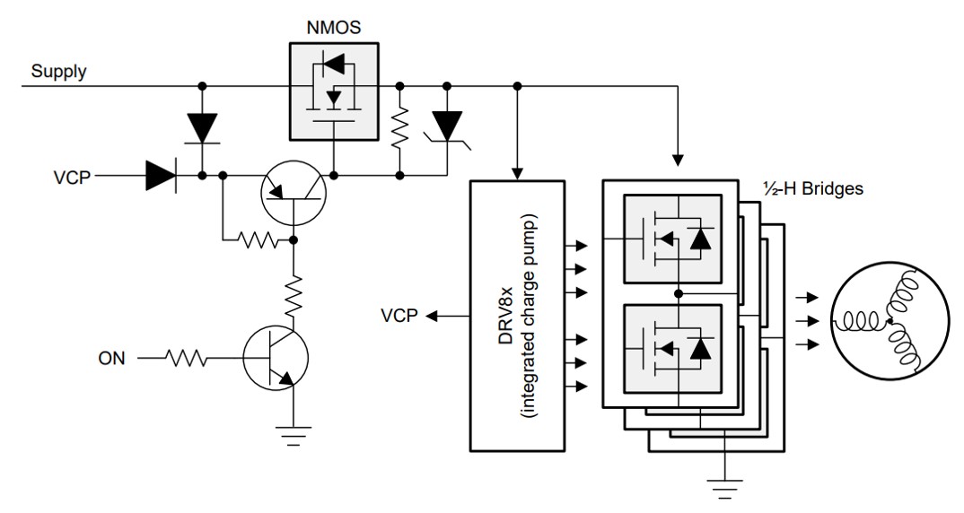  通過電機驅動器 IC（集成電荷泵）實現 7MOS 控制