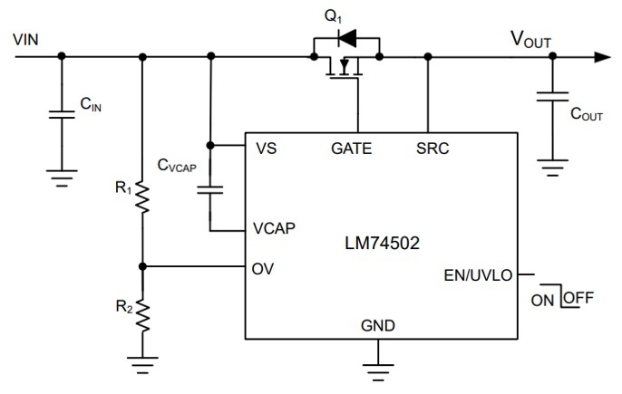  通過電源開關實現 7MOS 控制 (LM74502)