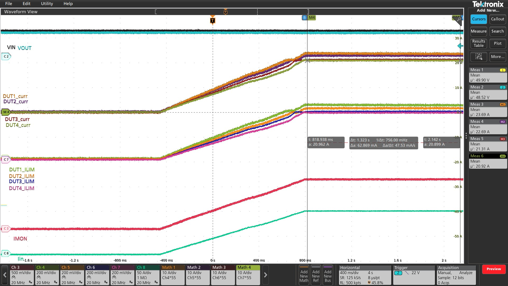  四個(gè)無 ACS 的電子保險(xiǎn)絲之間的均流