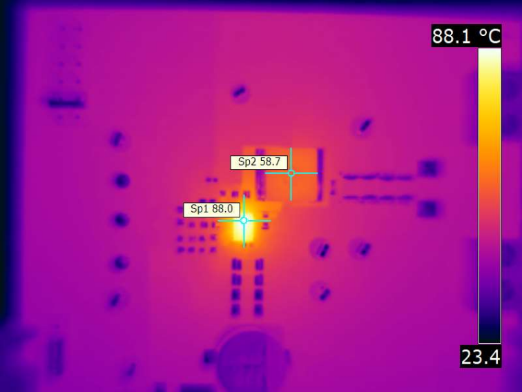 TPS548B23, TPS548B28 TPS548B28EVM 在 12Vin、1Vout、800kHz、20A 時的熱成像圖