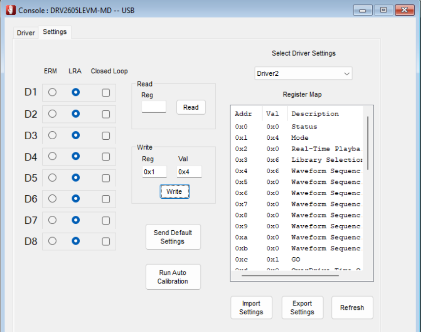  開發(fā)中使用的 DRV2605LEVM-MD 控制臺 GUI（USB 套件）