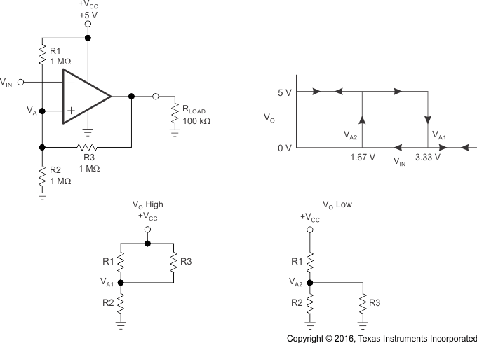 TLV3201 TLV3202 采用反相配置且具有遲滯功能的 TLV3201