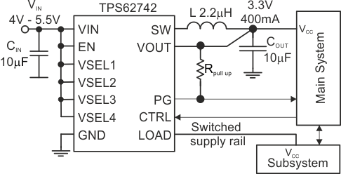 TPS62740 TPS62742 TPS62742_12pin_3.3V_app_drw_nest.gif