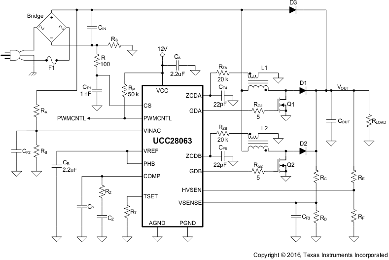 UCC28063 典型交錯轉換模式 PFC 前置穩壓器