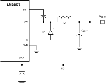 LM25576 8V < VOUT < 14V 時(shí)來(lái)自 VOUT 的 VCC 偏置