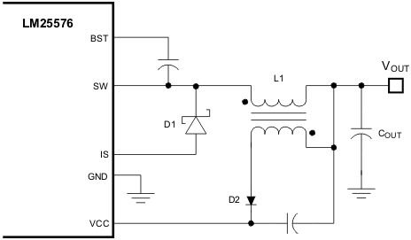 LM25576 輸出電感器上帶有額外繞組的 VCC 偏置