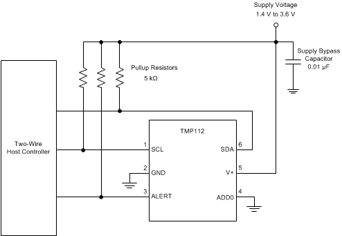 TMP112 TMP112D 典型連接（SOT563-6 封裝）
