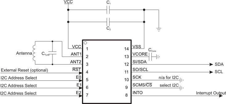 RF430CL330H Example Application
Diagram (I2C Operation) (PW Package Shown) RF430CL330H app_dgm_i2c_slas850.gif