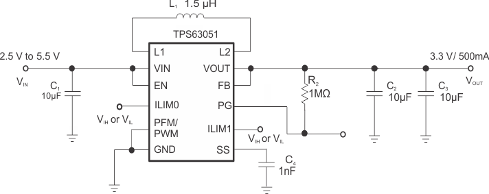 TPS63050 TPS63051 fp_schematic3_TPS63050_SLVSAM8.gif