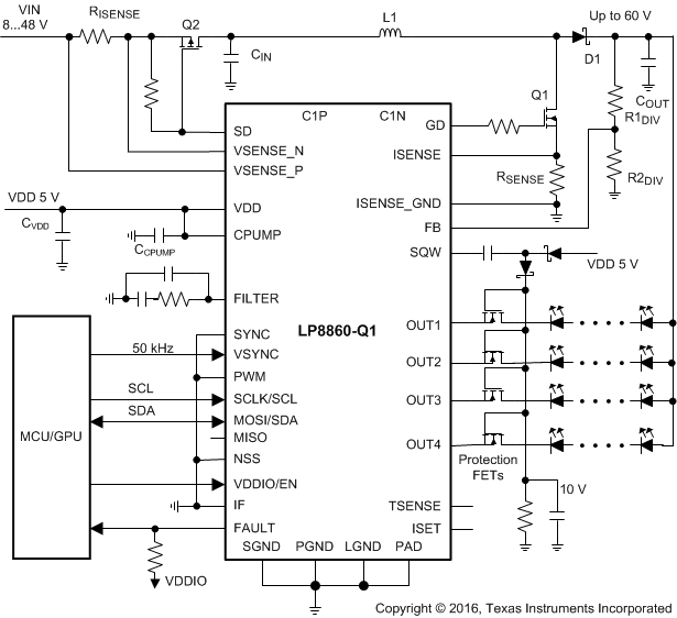 LP8860-Q1 VDD = 5 V, I2C, High-Voltage Output with Output Protection FETs Circuits