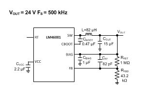LM46001 BOM for
VOUT = 24 V, FS = 500 kHz LM46001 Sch_BOM_24V500k.gif