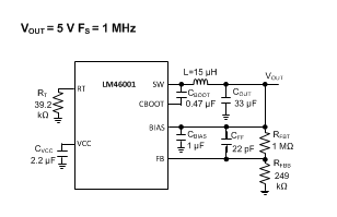 LM46001 BOM for
VOUT = 5 V, FS = 1 MHz LM46001 Sch_BOM_5V1M.gif