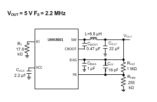 LM43601 BOM for
VOUT = 5 V FS = 2.2 MHz LM43601 Sch_BOM_5V2p2M.gif