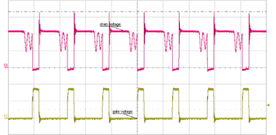 LM5021 Typical Switching Waveforms
Red: Q4 Drain Voltage, Yellow: Q4 Gate Voltage LM5021 appcurve6_lm5021.png