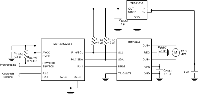 DRV2624 無外部觸發器或中斷引腳的典型應用原理圖
