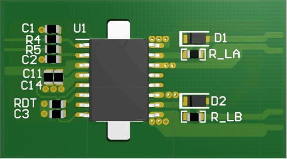 UCC21521 3-D PCB Top View GUID-358EC6F2-F787-4D92-9A28-89FC384226C4-low.gif