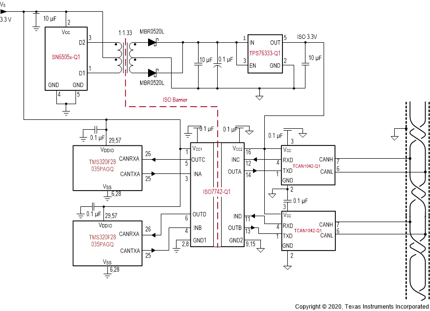 ISO7740-Q1 ISO7741-Q1 ISO7742-Q1 典型隔離式 CAN 應(yīng)用電路