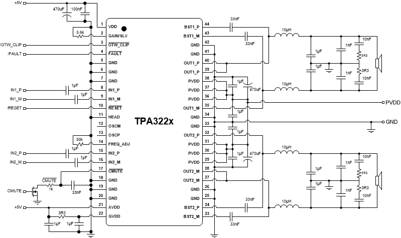 TPA3221 Typical Differential (2N) AD-Mode BTL Application