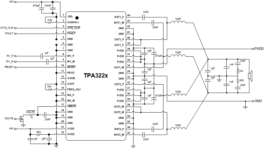 TPA3221 Typical Differential (2N) AD-Mode PBTL Application