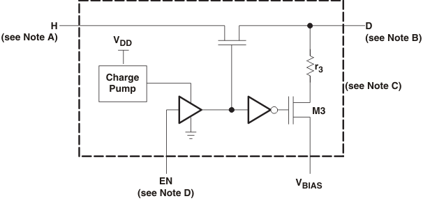 每個 FET 開關 (SW1) 的簡化版原理圖 GUID-C9E6E521-8A4F-4BAF-9B91-57CF960E8E33-low.gif